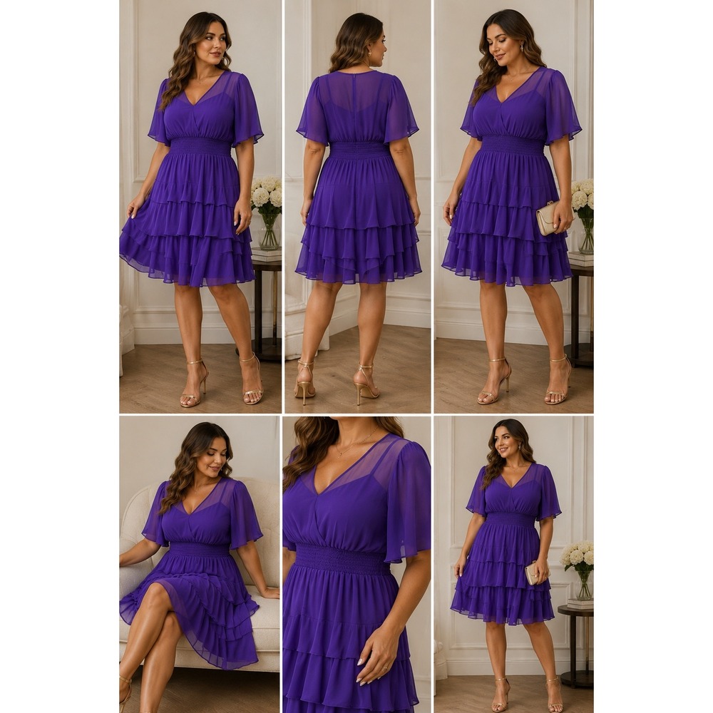 Taylor Woman Purple Tiered Ruffle Chiffon Dress Smocked Waist V-Neck 14W